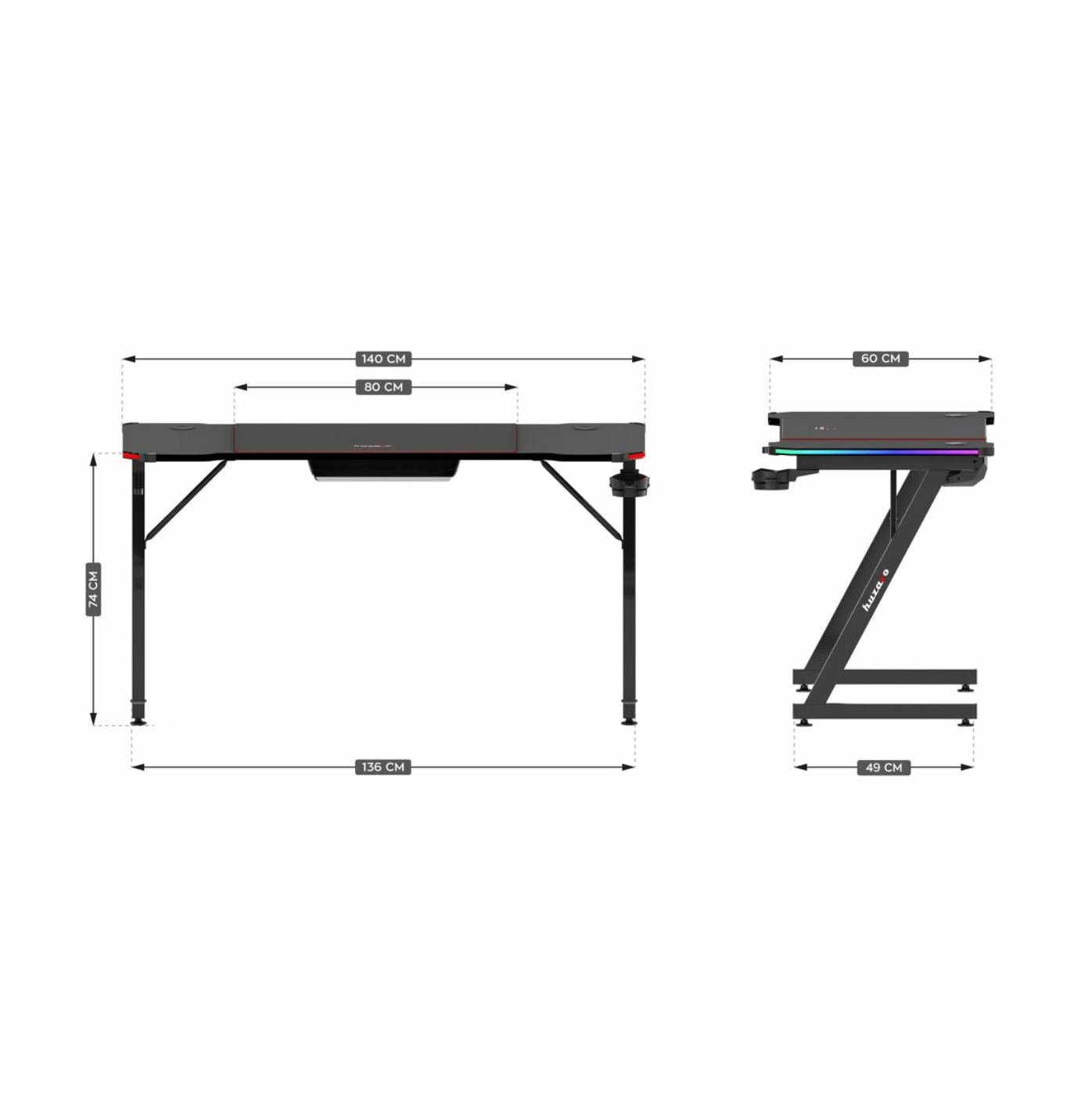 HUZARO Gaming-Schreibtisch HZ-Hero 3.3 RGB – Schwarz Maße
