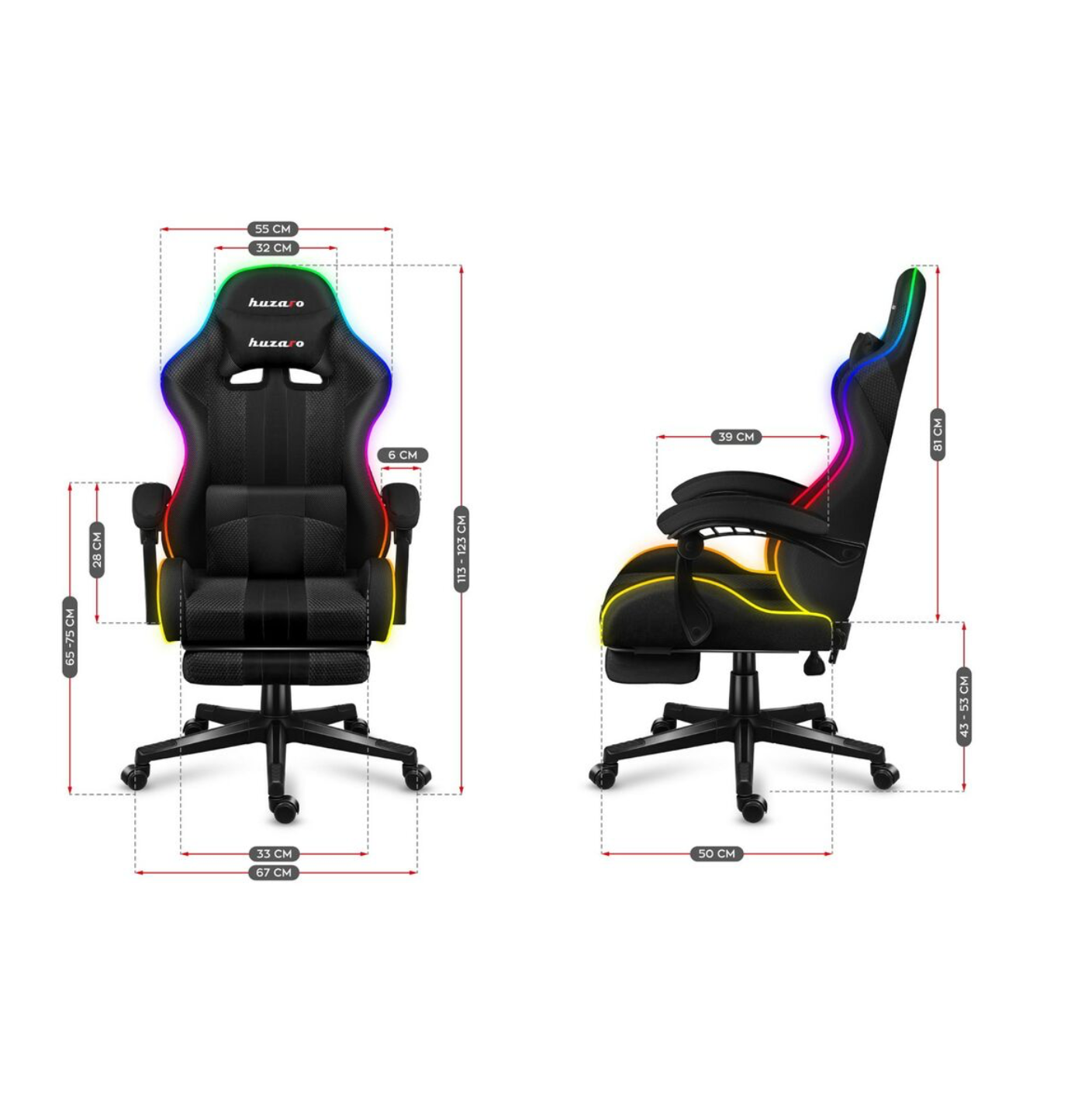 HUZARO Gaming-Stuhl FORCE 4.7 RGB – Schwarz seitlich Maße