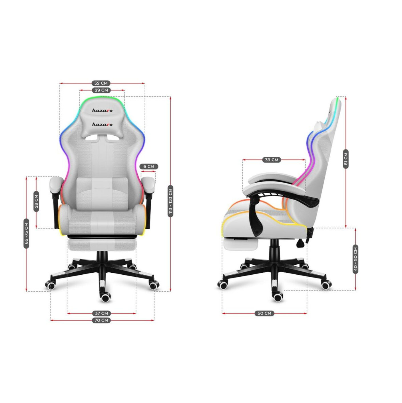 HUZARO Gaming-Stuhl FORCE 4.7 RGB – Weiß Maße