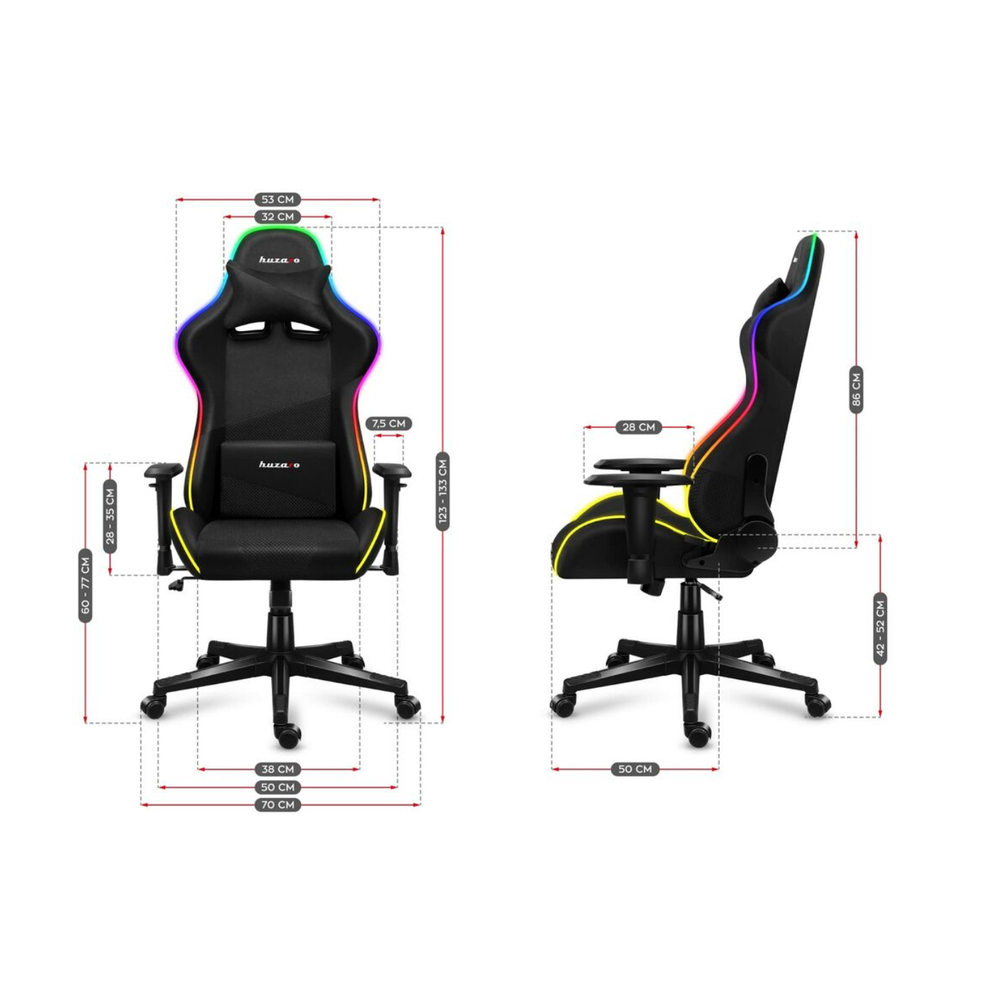 HUZARO® | Gaming-Stuhl FORCE 6.2 RGB – Schwarz Maße