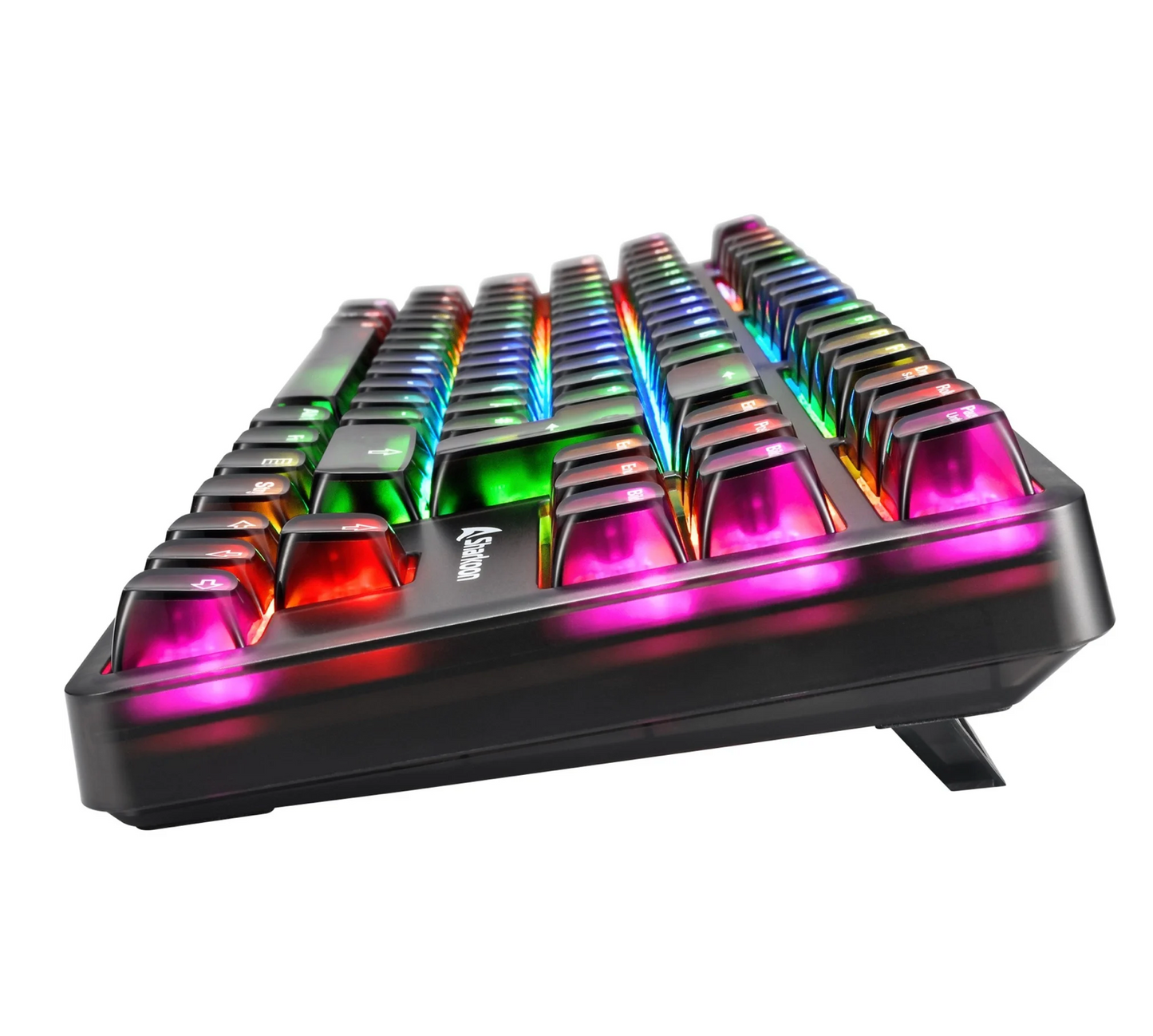 SHARKOON Crystal Shark – Mechanische RGB Gaming-Tastatur von der Seite + Tastaturfuß